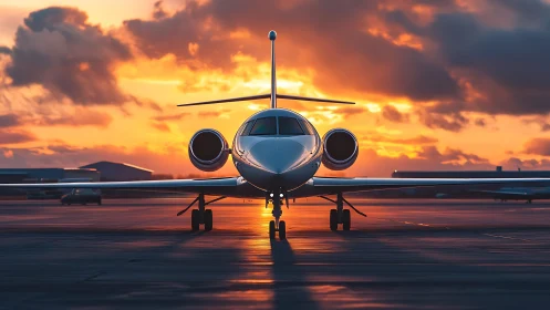 Private jet front view on runway under vivid sunset sky.