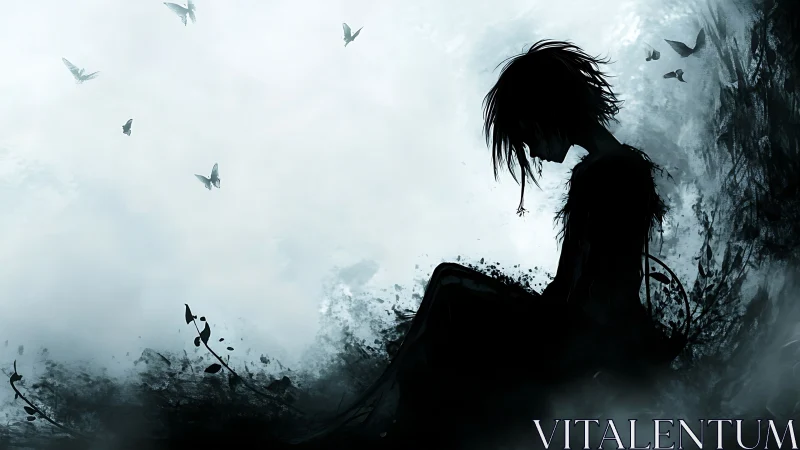 Silhouetted figure in monochrome mist with drifting butterflies.