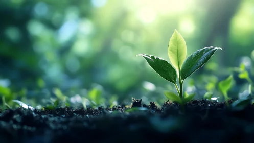 Young green seedling emerging from soil in soft daylight.