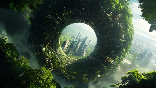 Futuristic ring city encircles verdant vertical megapolis.