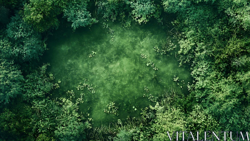Aerial view of dense forest wetland with floating water plants and vegetation