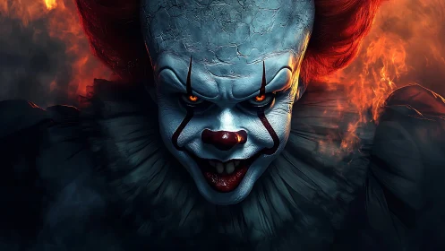 Fiendish clown lunges from flame lit shadows with feral grin.
