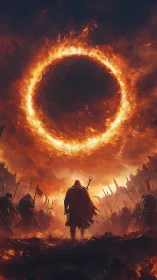 Ring-shaped fire vortex dominates battlefield sky over robed mage