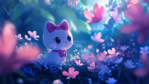 Gentle white kitten gazes dreamily in a glowing flower meadow