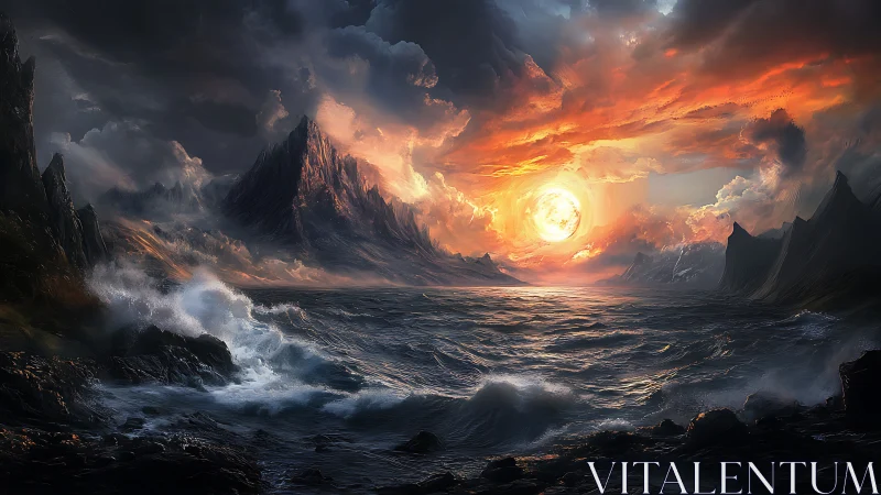 Storm-lashed sea under blazing apocalyptic sunset sky.