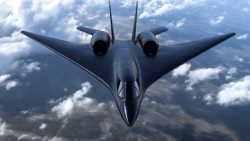 Stealth black futuristic jet cuts through high altitude clouds.