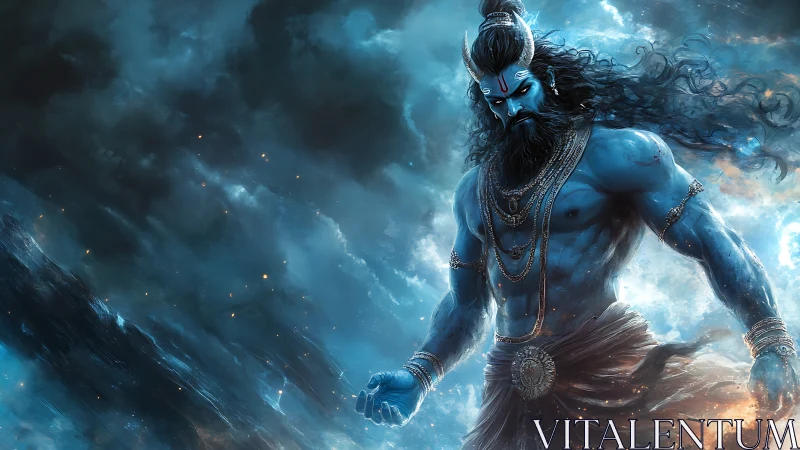 Powerful blue deity walking through swirling storm clouds.