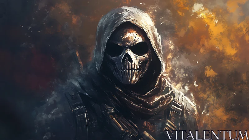 Hooded skull-masked operative rendered in high-contrast digital brushwork