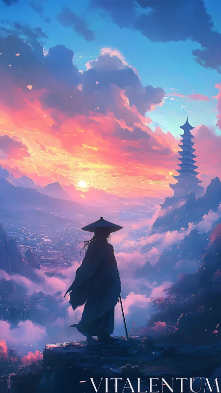 Lone wanderer contemplates a glowing pagoda at dawn