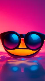 Neon smiley face with glossy sunglasses in liquid glow.