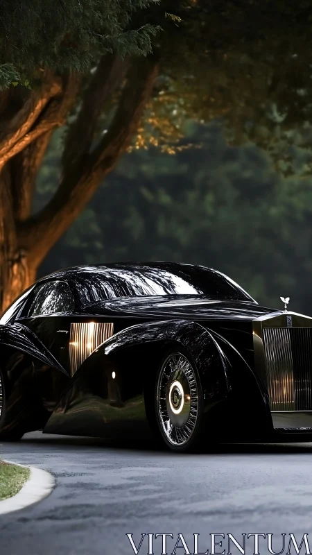 Streamlined black luxury coupe is parked on a shaded road