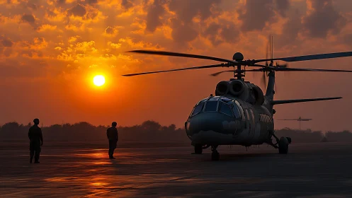Sunset helicopter wait paints the airfield in warm light