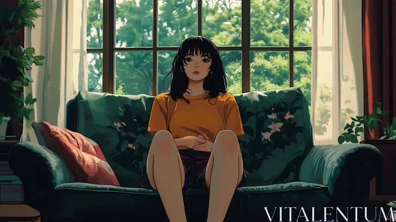 Young woman sitting on sofa in bright living room interior.