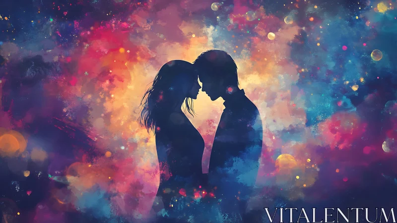 Silhouetted Couple Within Chromatic Particle Cloud Formation.