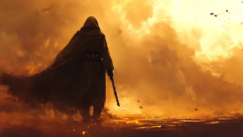 Hooded wanderer stands in fiery golden stormscape.