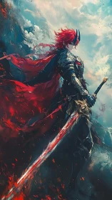 Crimson storm knight ignites a sky of fire and thunder.