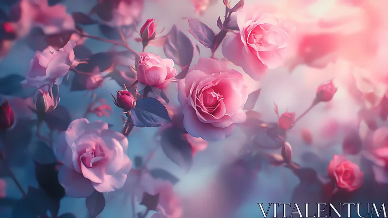 Pink Roses Garden: Soft Light Through Layered Petals and Foliage.