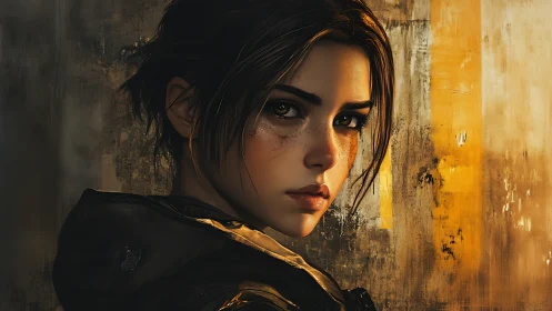 Freckled rebel girl in molten gold light, quietly unyielding.