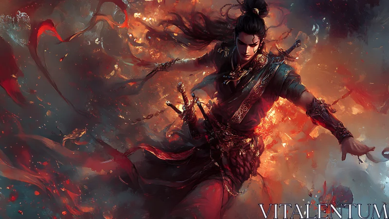 Warrior in swirling flames and smoke mid-leap motion.