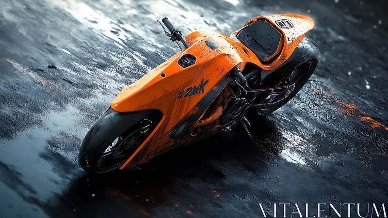 Futuristic orange racing motorcycle on wet reflective street.