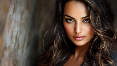 Close portrait of woman with intense brown eyes, wavy hair.