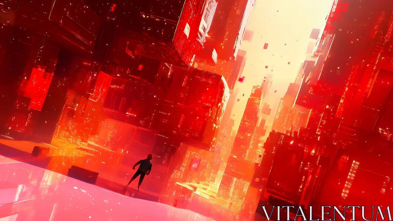 Silhouette traverses luminous red data canyon in tilted perspective