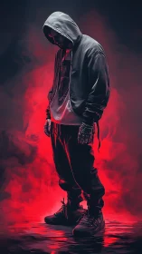Hooded streetwear figure in red atmospheric lighting.