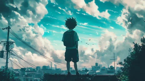 Backlit youth overlooks teal sky above urban skyline.