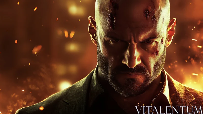 Scarred bald man stands in blazing cinematic firestorm