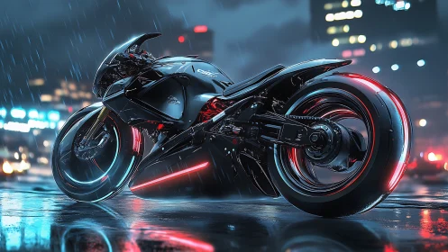 Futuristic neon motorcycle waits in a rain-soaked city street