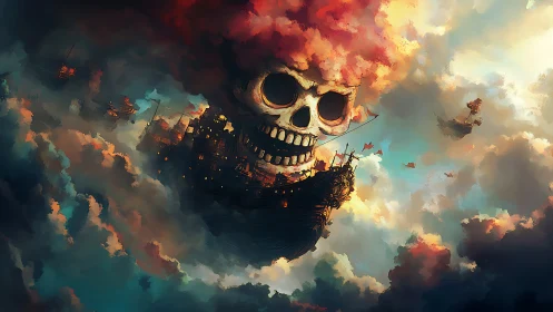 Skyborne skull dreadnought sailing through burning clouds.