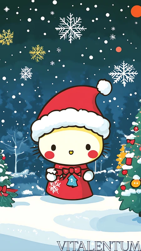 Cartoon Christmas cat character in stylized snowy forest scene
