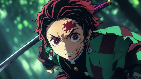 Determined anime swordsman dashing through sunlit forest.