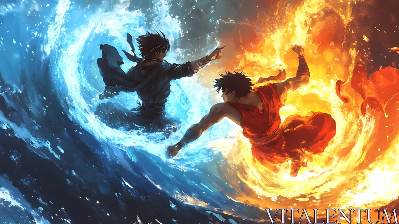 Elemental duel uniting water warrior and fire fighter.
