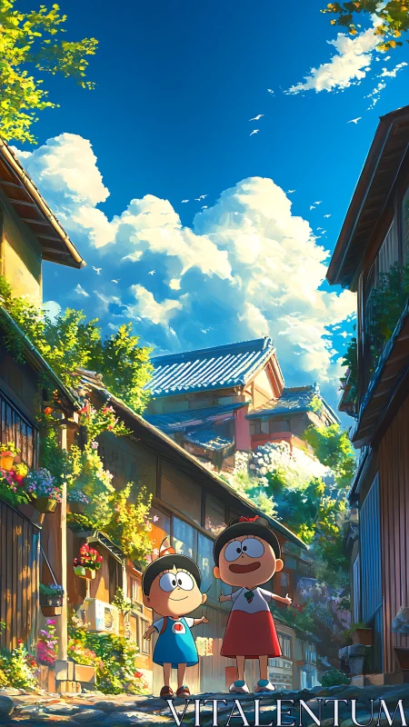 Anime kids exploring sunlit flowered Japanese alleyway.