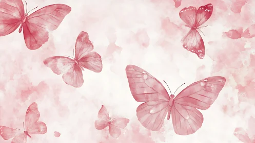 Monochrome pink butterflies on soft watercolor background.