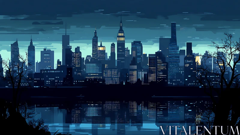 Nocturnal neon skyline mirrored across still river waters.