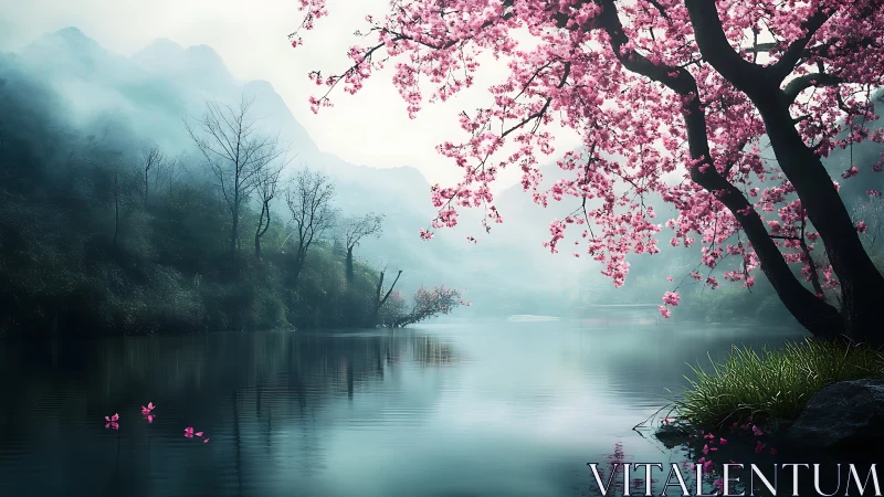 Cherry blossoms drift like soft lanterns over misty waters