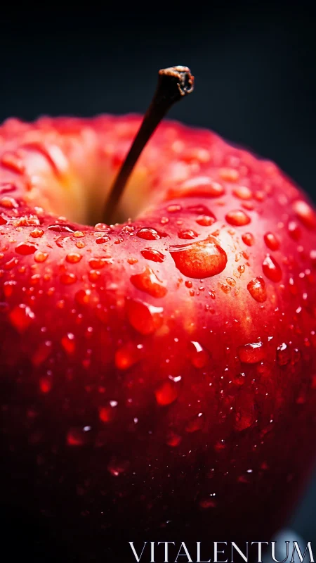 Macro photographic study of dewy red apple surface detail.