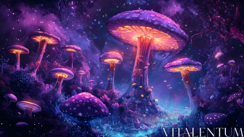 Glowing mushroom forest under a dreamy cosmic night.