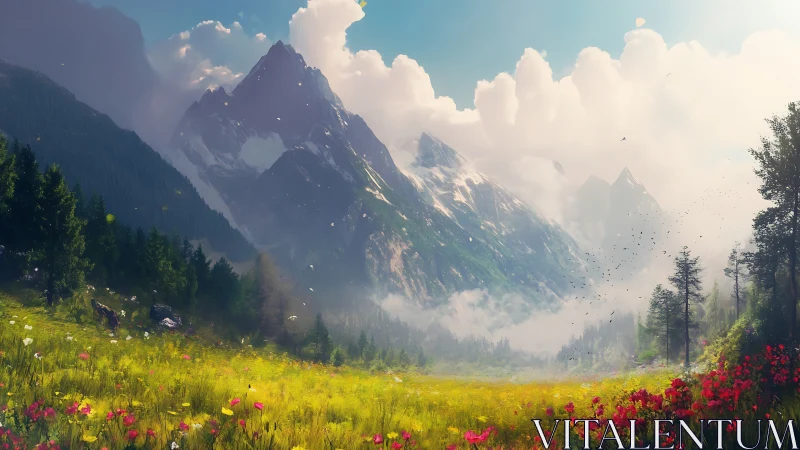 Sunlit alpine meadow before dramatic snowcapped peaks.