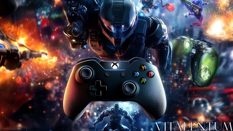 Gamepad suspended before armored soldier in explosive sci-fi battle