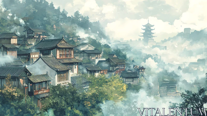 Misty hillside village frames distant mountain pagoda.