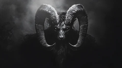 Brooding horned guardian emerging from swirling shadowed mist.