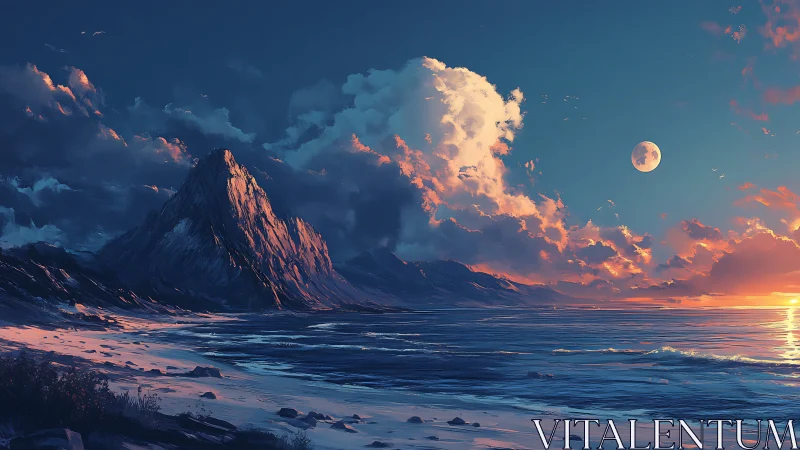 Moonlit mountain shore glowing under a dreamy sunset.