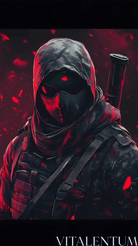 Hooded tactical assassin in red-lit digital artwork.