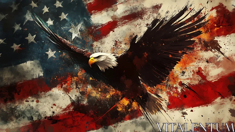 Soaring bald eagle over grunge-splattered US flag backdrop.