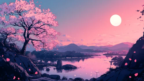 Moonrise lets cherry blossoms paint the river in pink hush