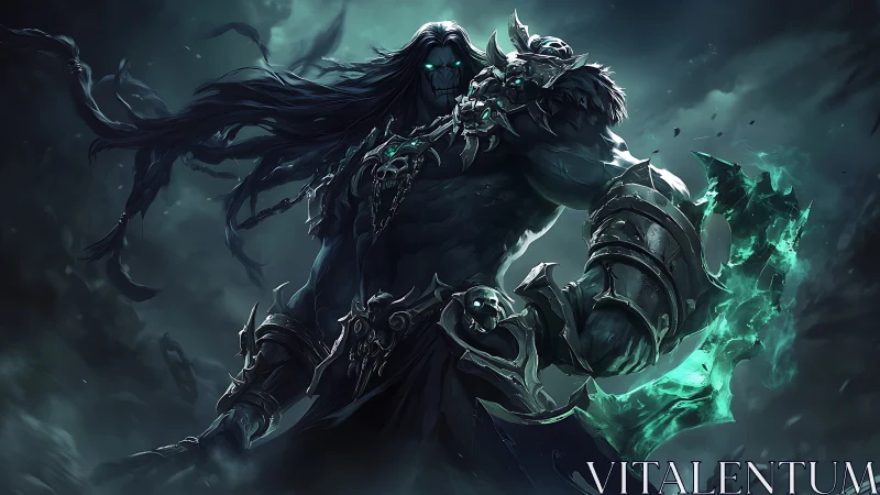 Armored dark warrior holds glowing spectral axe in storm