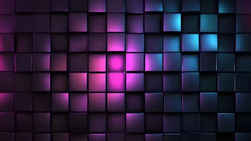 Neon Cubes Abstract Wall with Vibrant Purple and Blue Lighting.